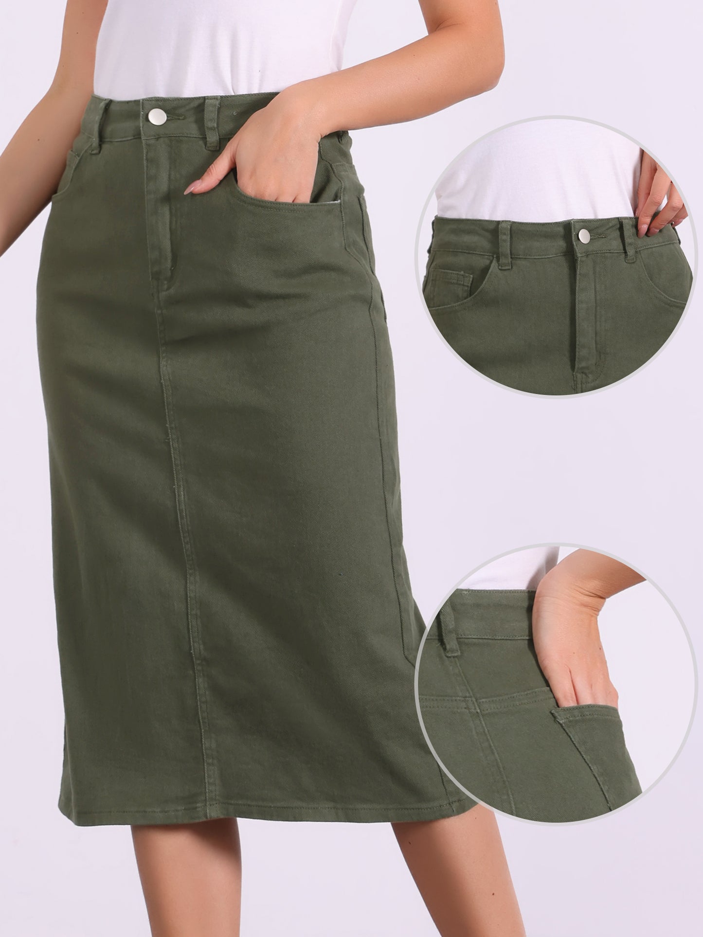 Women's Casual Denim Skirt High Waist Split Back Pockets Midi Jean Skirt