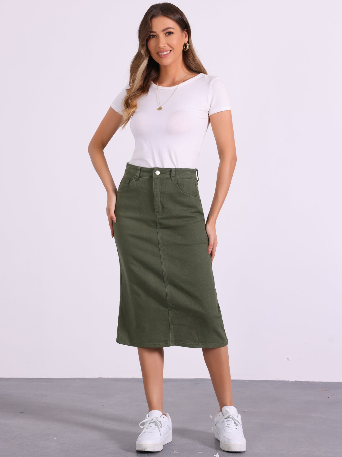 Women's Casual Denim Skirt High Waist Split Back Pockets Midi Jean Skirt