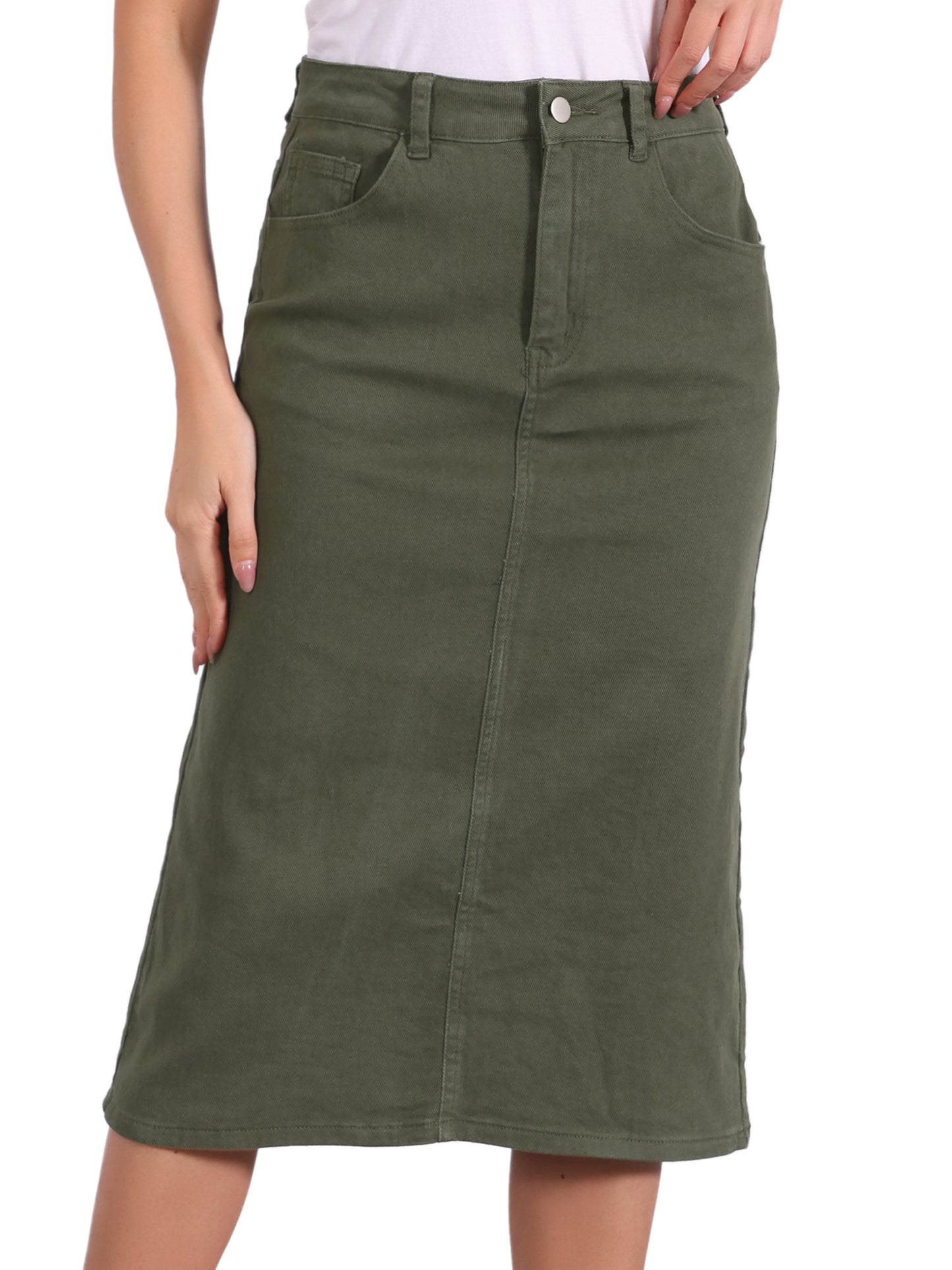 Women's Casual Denim Skirt High Waist Split Back Pockets Midi Jean Skirt