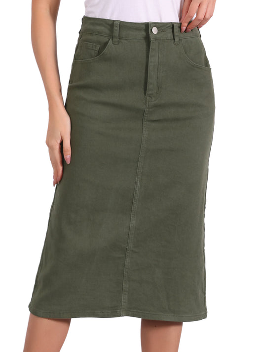 Women's Casual Denim Skirt High Waist Split Back Pockets Midi Jean Skirt