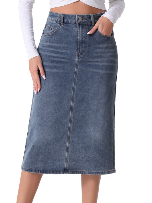 Women's Casual Denim Skirt High Waist Split Back Pockets Midi Jean Skirt