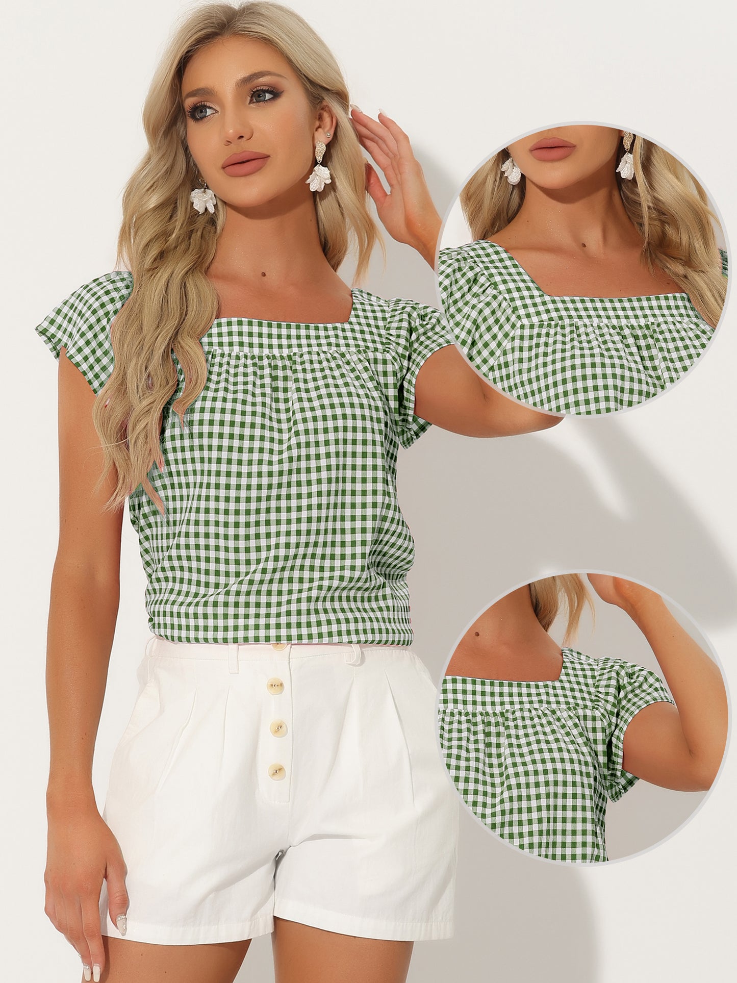 Women's Cap Sleeve Summer Square Neck Gingham Blouse Top