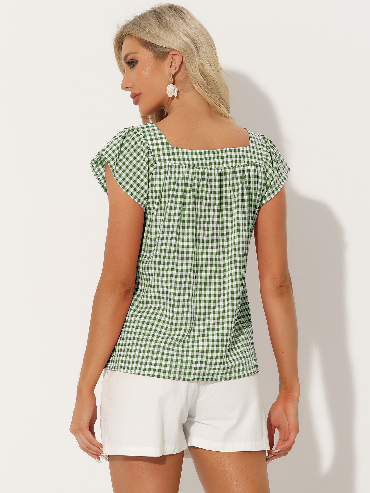 Women's Cap Sleeve Summer Square Neck Gingham Blouse Top