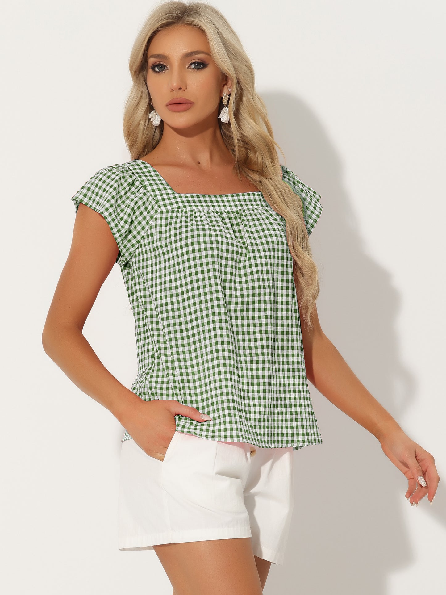 Women's Cap Sleeve Summer Square Neck Gingham Blouse Top