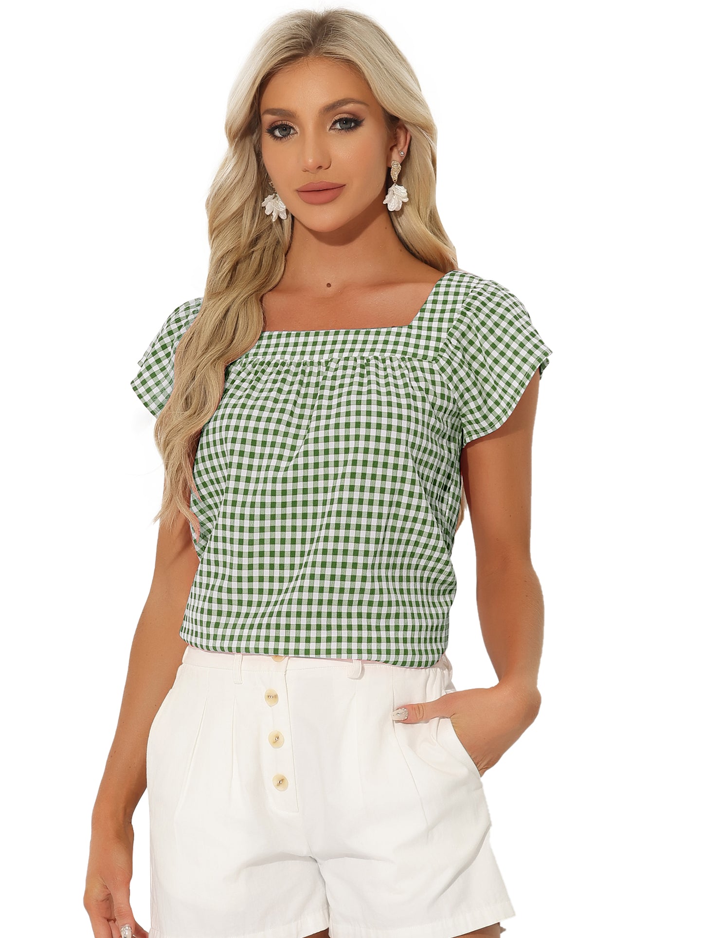 Women's Cap Sleeve Summer Square Neck Gingham Blouse Top