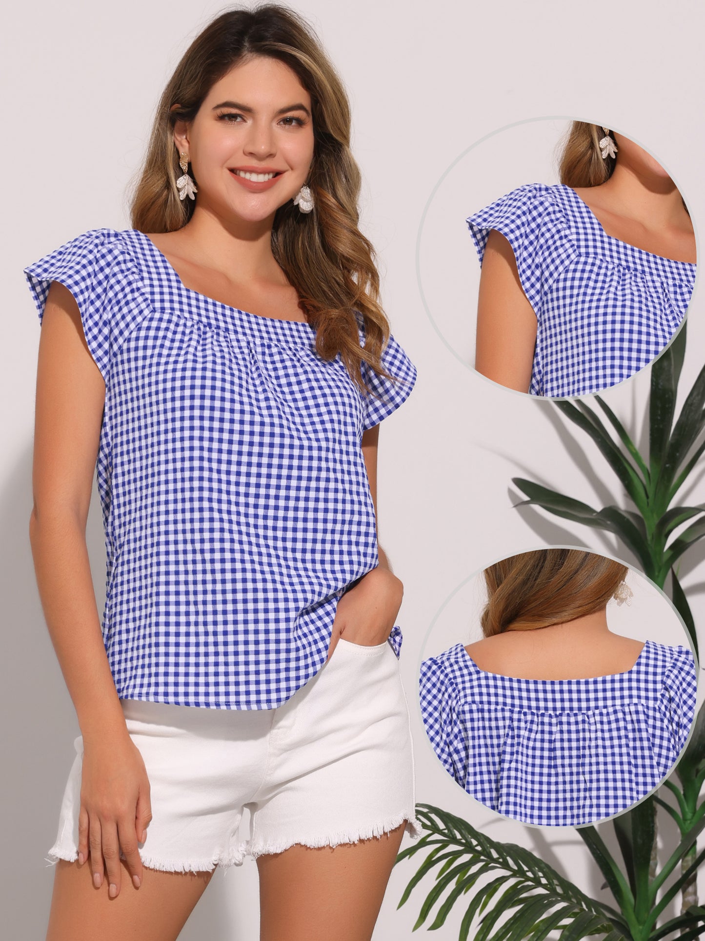 Women's Cap Sleeve Summer Square Neck Gingham Blouse Top