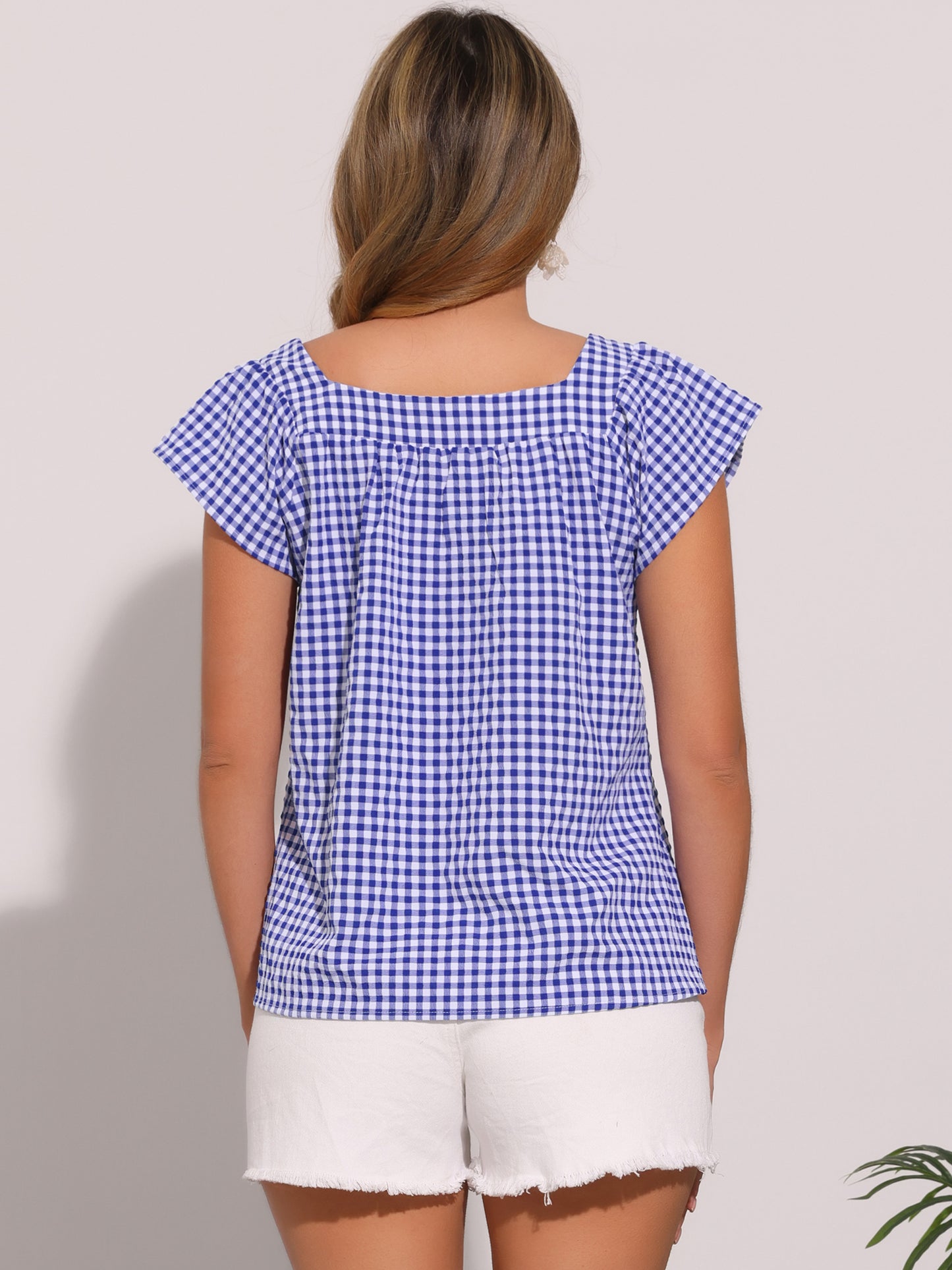 Women's Cap Sleeve Summer Square Neck Gingham Blouse Top