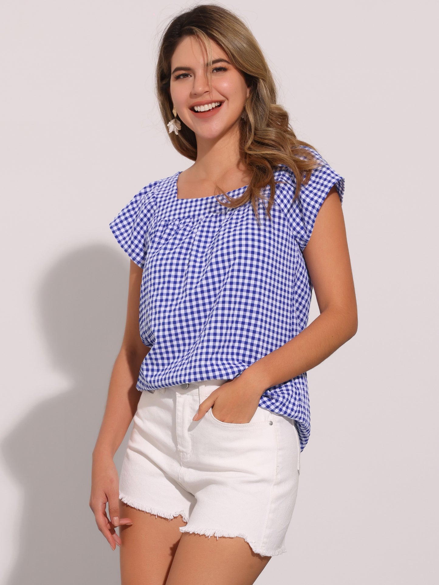 Women's Cap Sleeve Summer Square Neck Gingham Blouse Top
