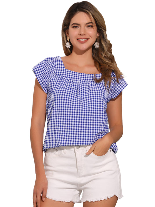 Women's Cap Sleeve Summer Square Neck Gingham Blouse Top
