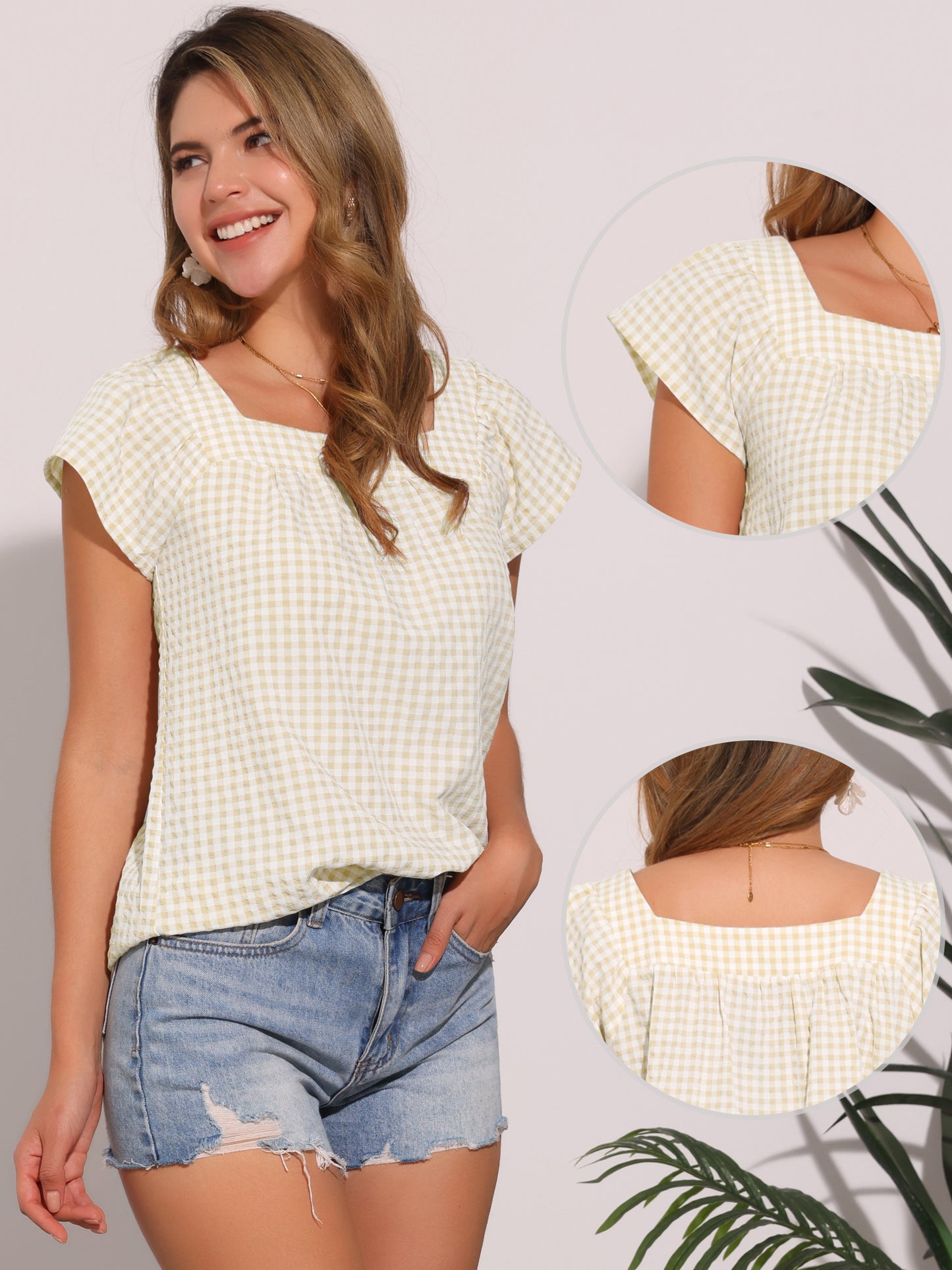 Women's Cap Sleeve Summer Square Neck Gingham Blouse Top