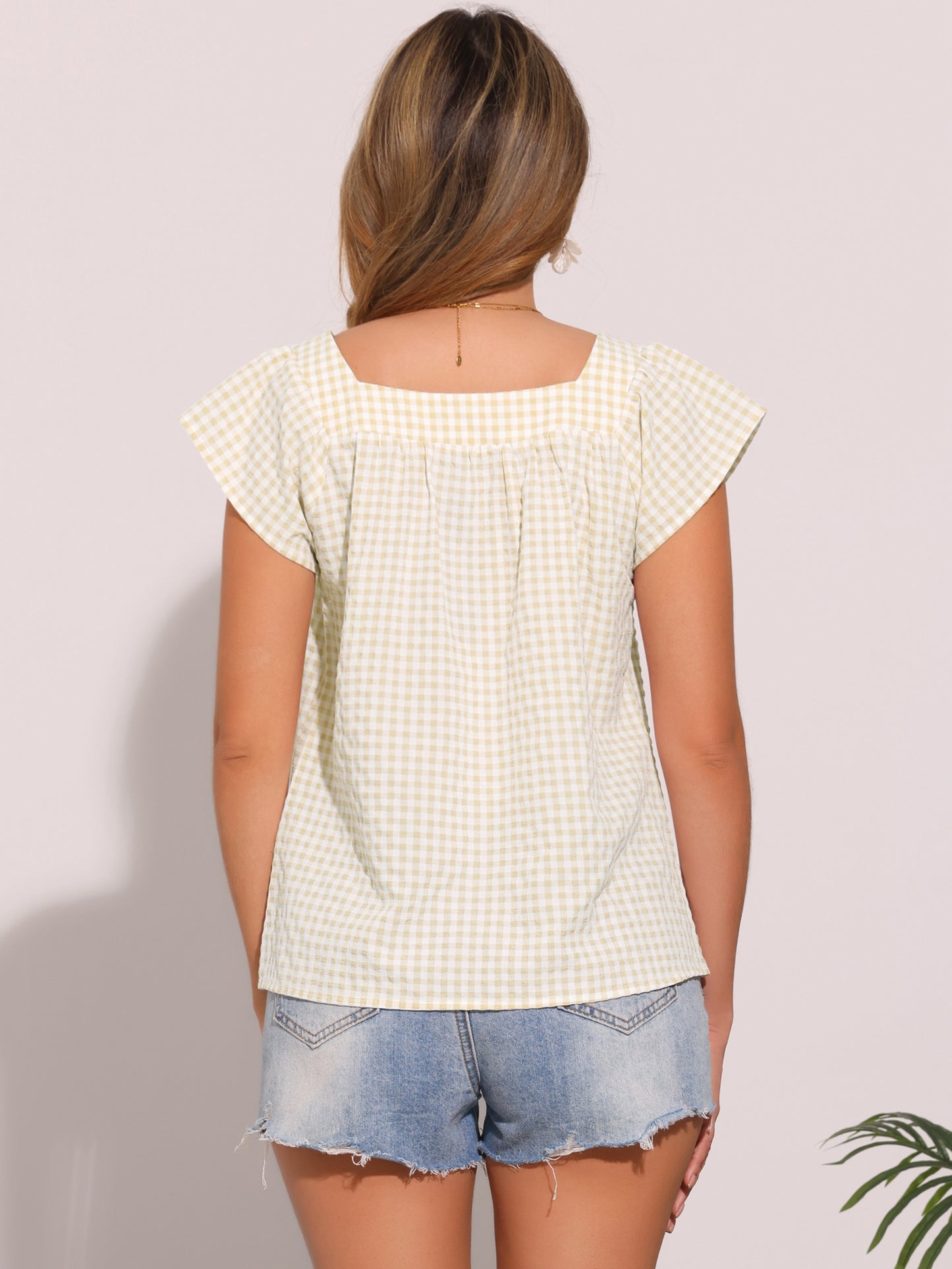 Women's Cap Sleeve Summer Square Neck Gingham Blouse Top