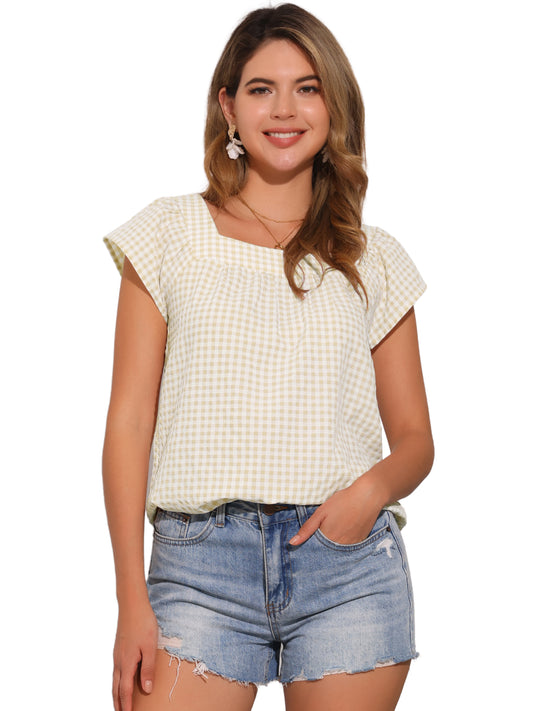 Women's Cap Sleeve Summer Square Neck Gingham Blouse Top