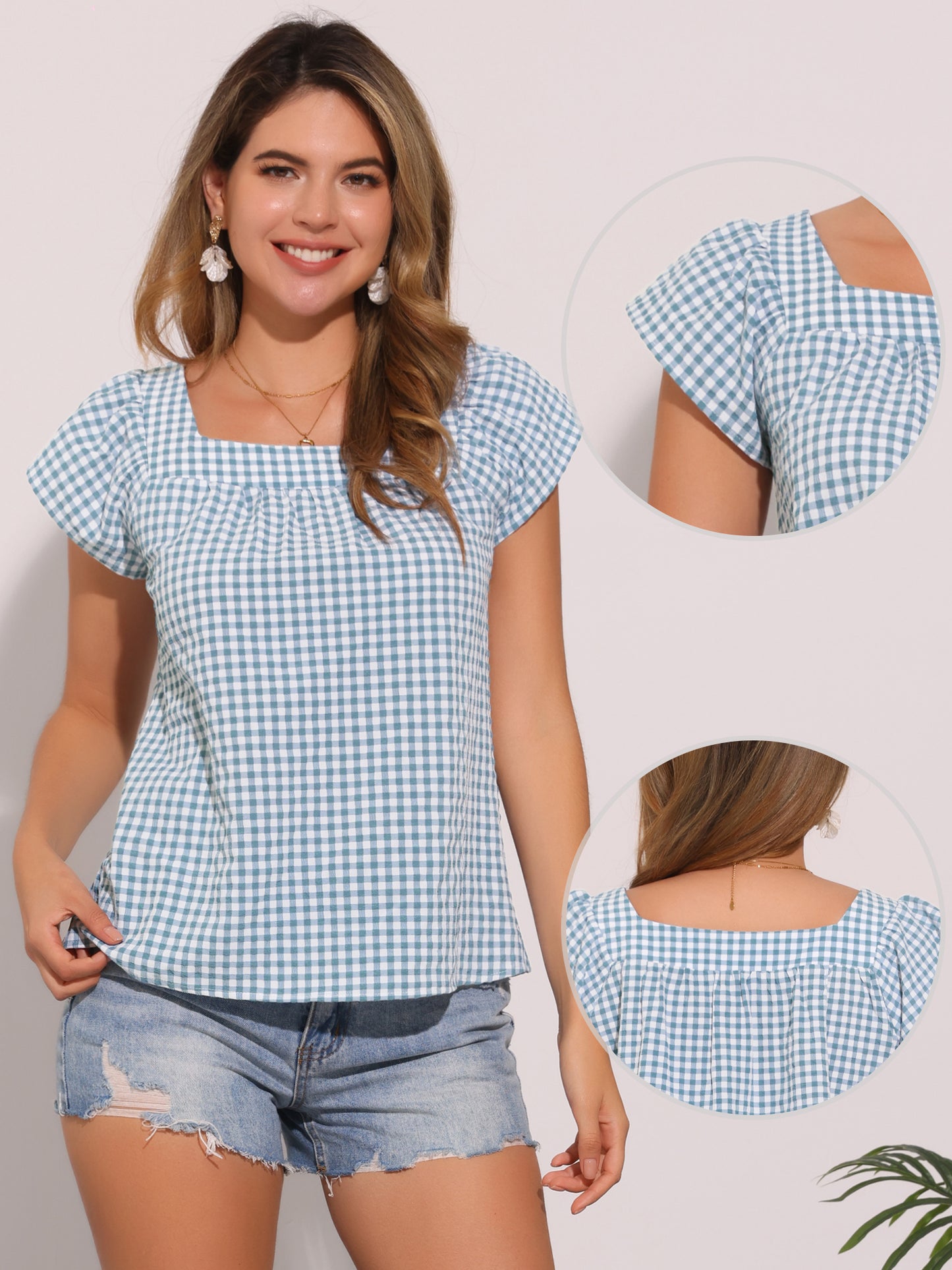 Women's Cap Sleeve Summer Square Neck Gingham Blouse Top