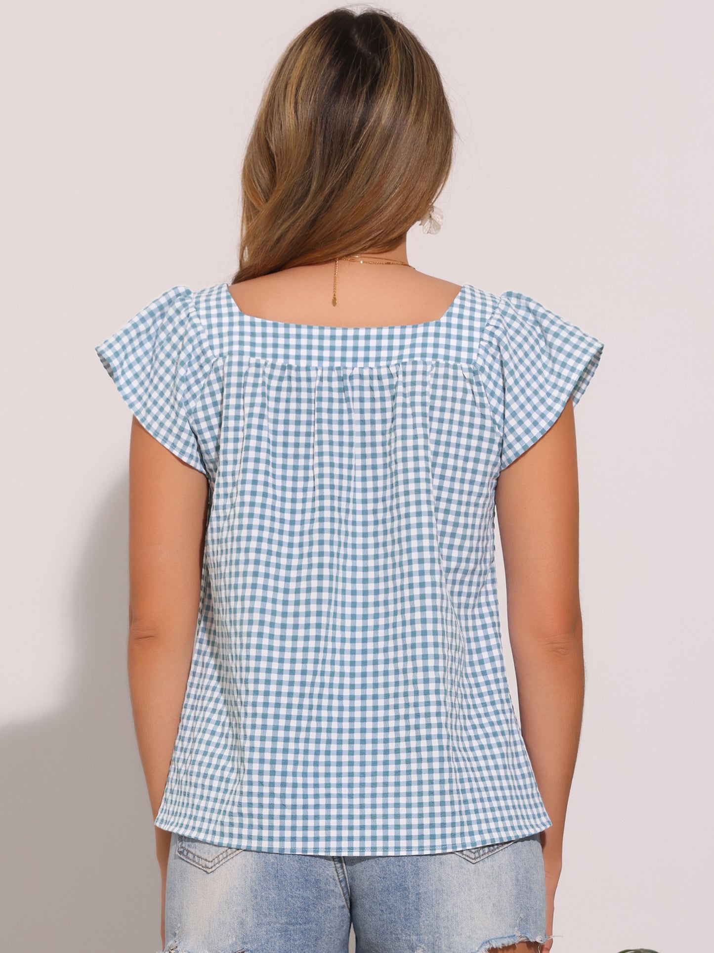 Women's Cap Sleeve Summer Square Neck Gingham Blouse Top