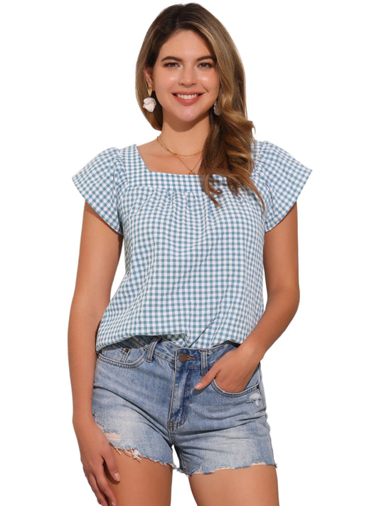 Women's Cap Sleeve Summer Square Neck Gingham Blouse Top
