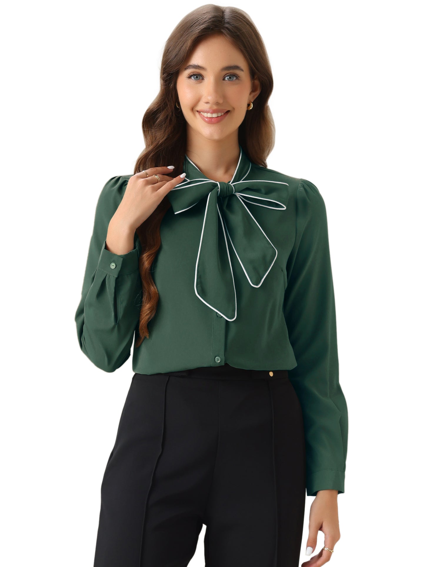 Women's Long Sleeve Bow Tie Button Down Business Casual Blouse Shirt (Available in Plus Size)