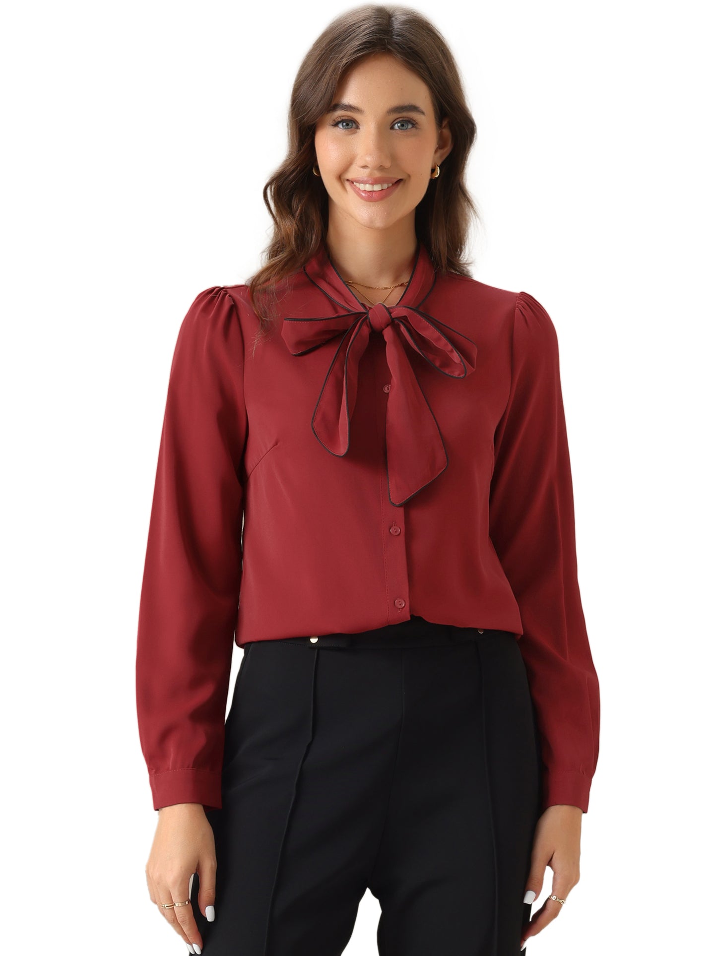 Women's Long Sleeve Bow Tie Button Down Business Casual Blouse Shirt (Available in Plus Size)