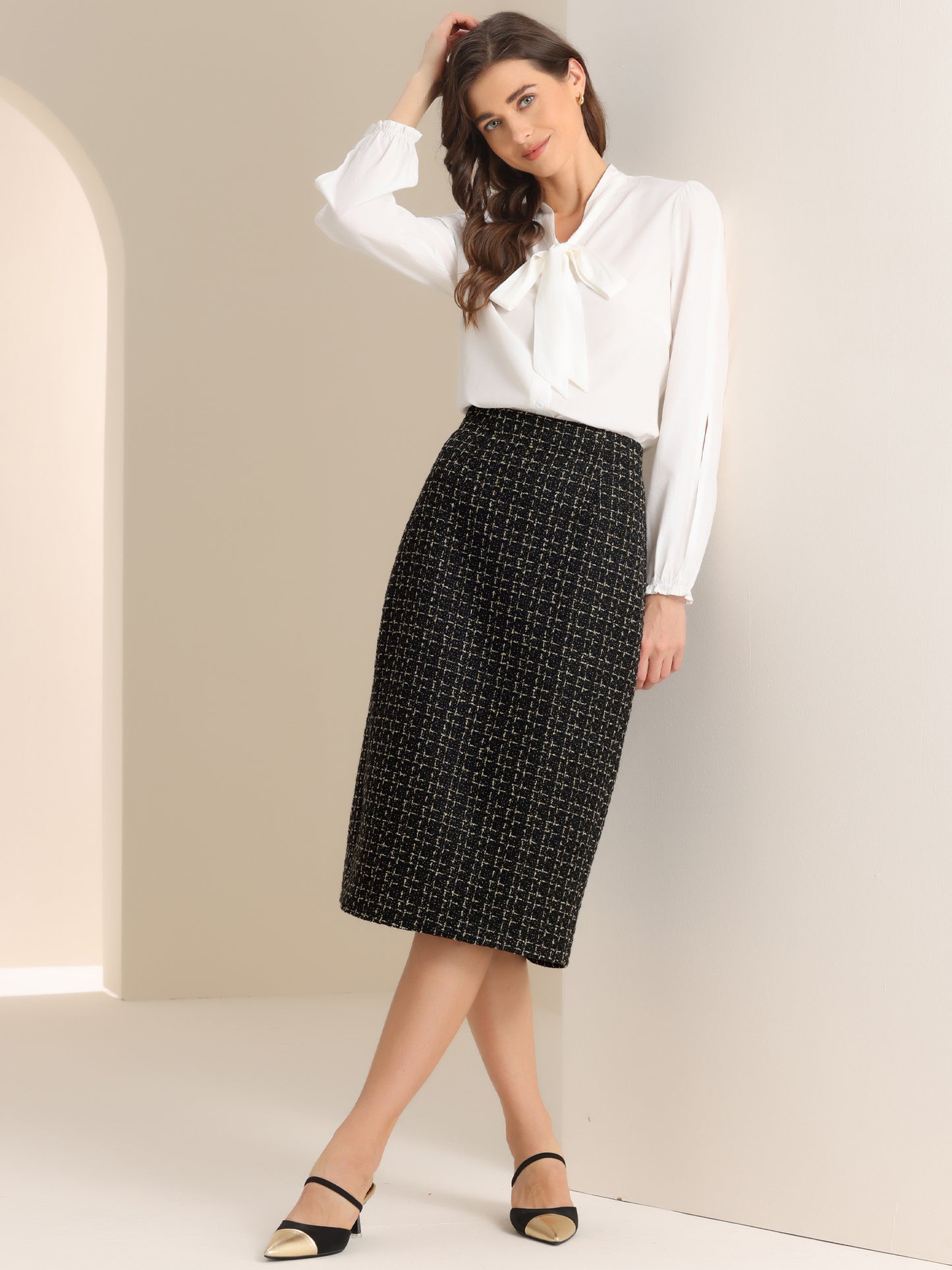 Women's Plaid Tweed High Waist Work Office Bodycon Pencil Skirt