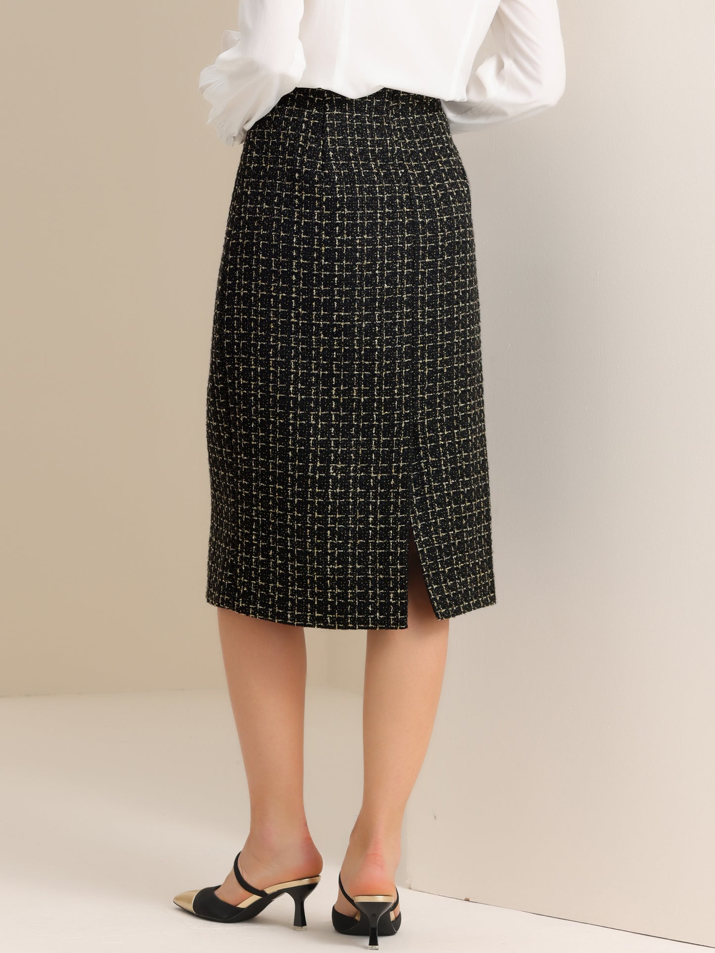 Women's Plaid Tweed High Waist Work Office Bodycon Pencil Skirt