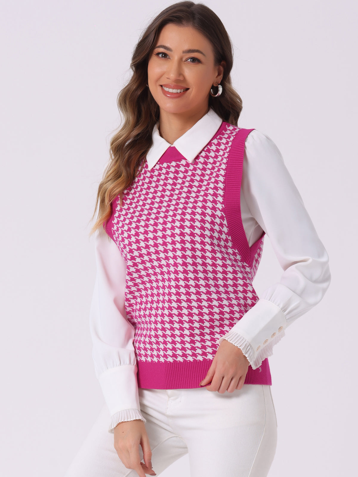 Women's Round Neck Vest Sleeveless Houndstooth Plaid Knitted Sweater