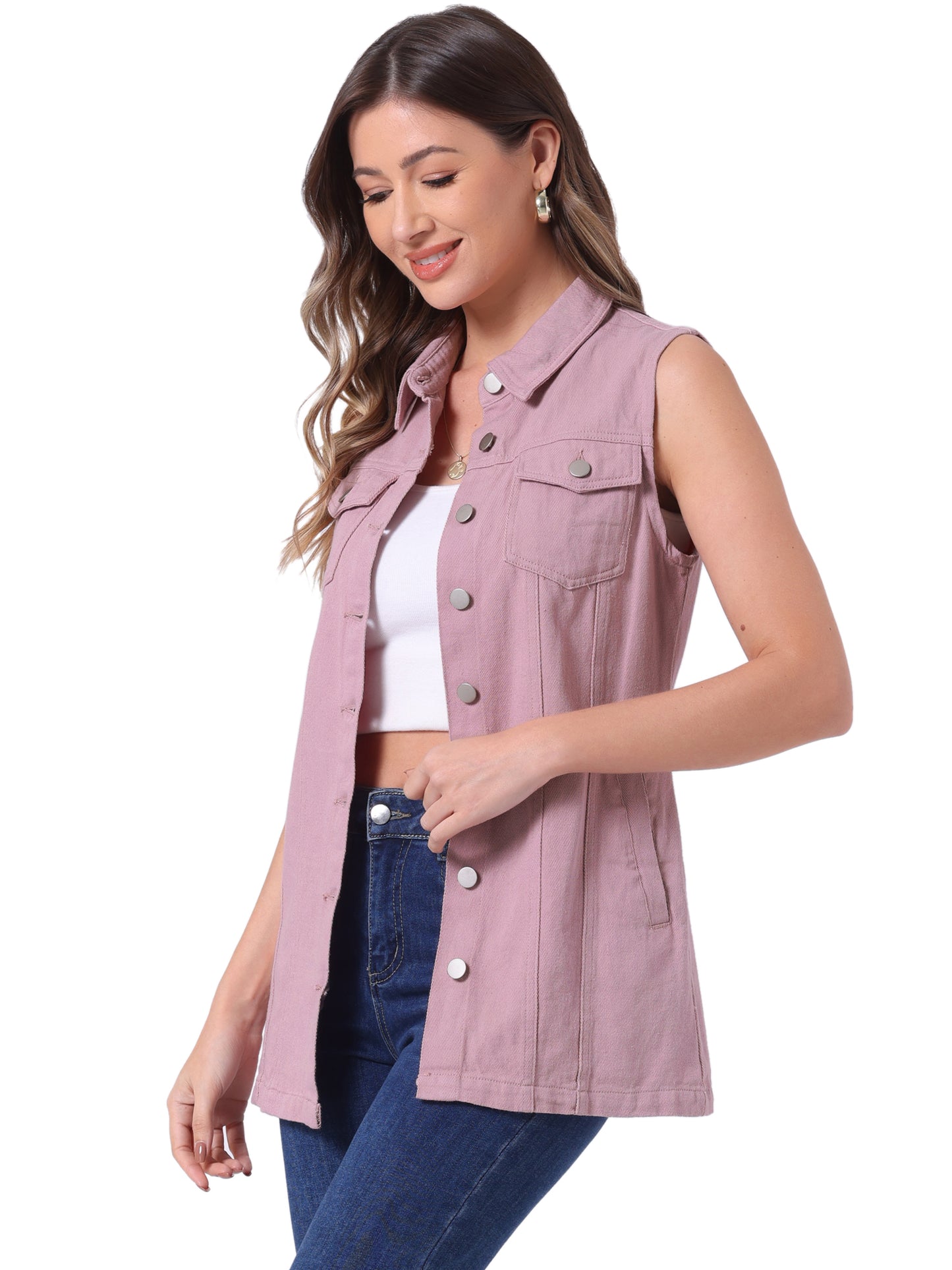 Women's Sleeveless Button Down Waistcoat Casual Long Denim Vest (Available in Plus Size)