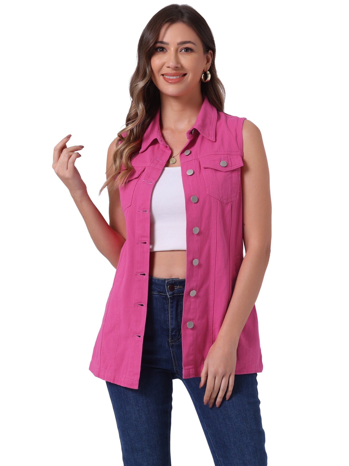 Women's Sleeveless Button Down Waistcoat Casual Long Denim Vest (Available in Plus Size)