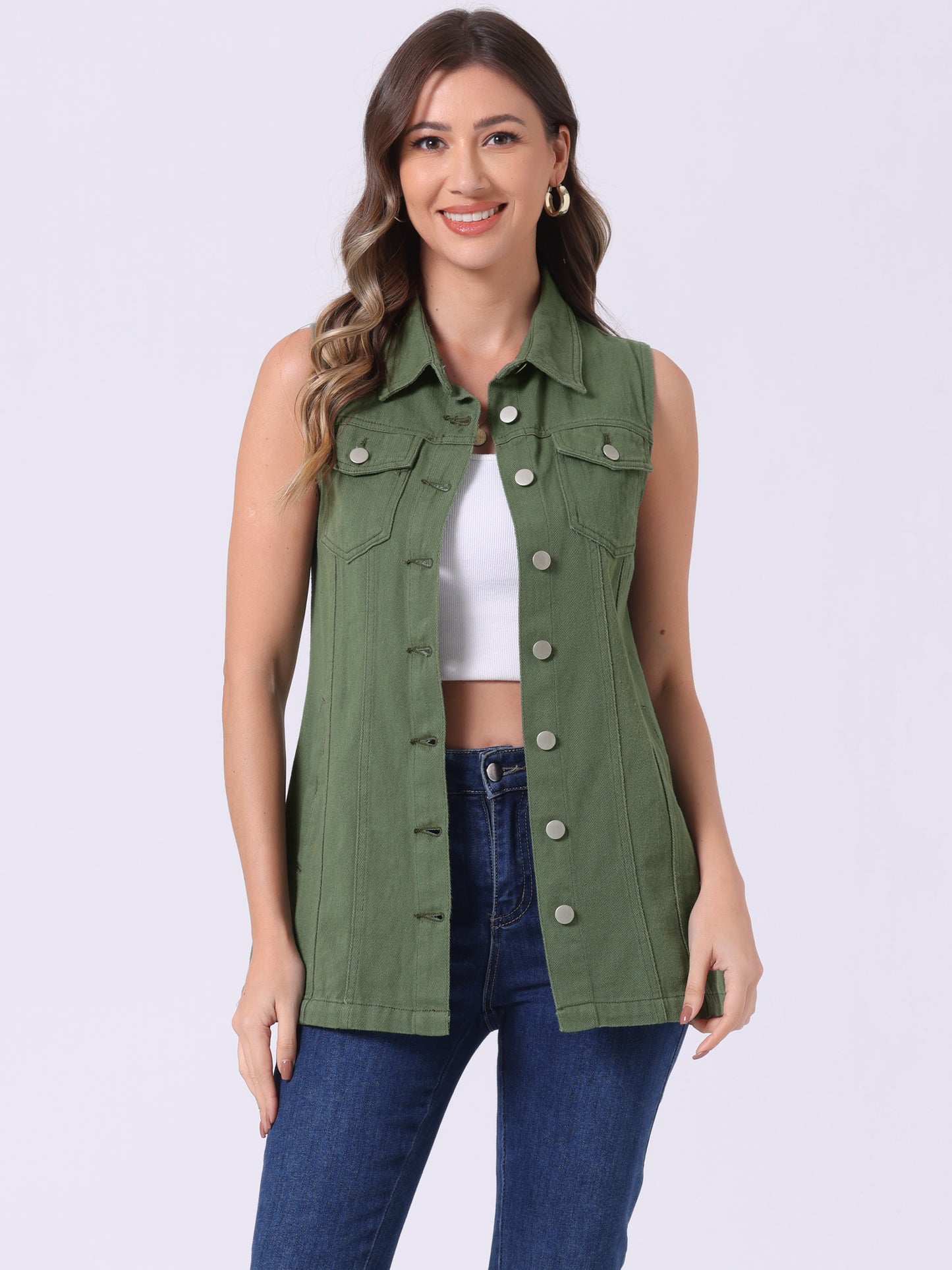 Women's Sleeveless Button Down Waistcoat Casual Long Denim Vest (Available in Plus Size)