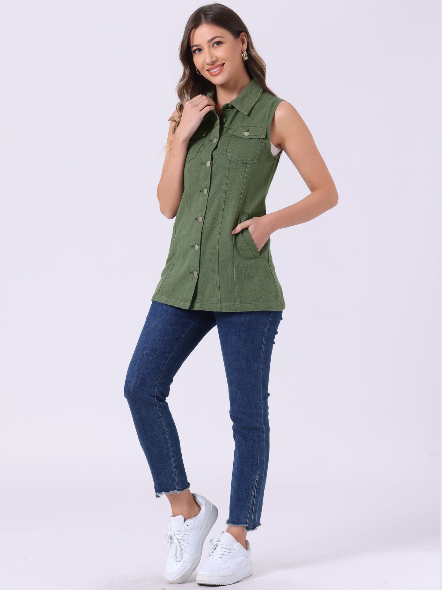 Women's Sleeveless Button Down Waistcoat Casual Long Denim Vest (Available in Plus Size)