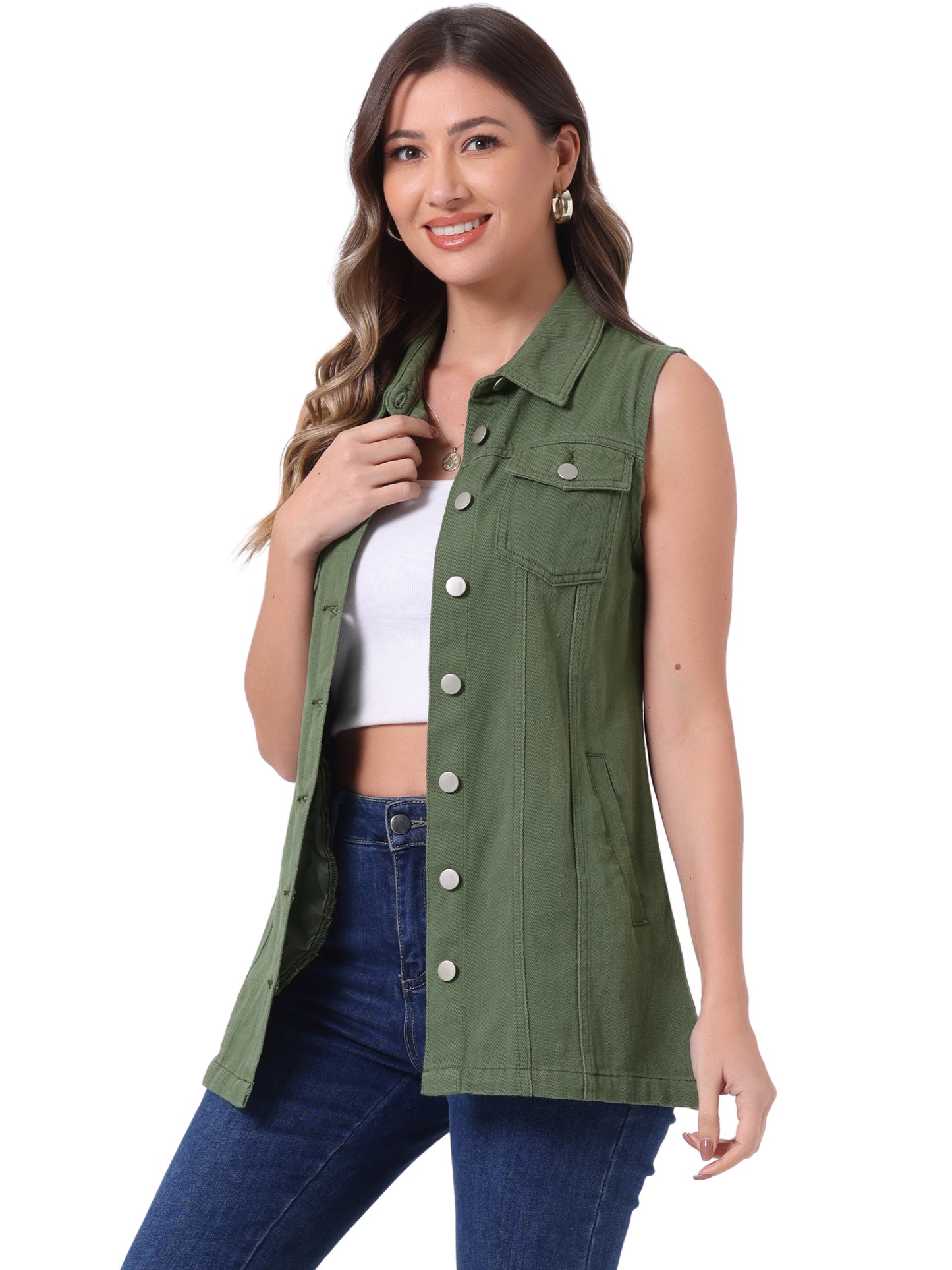 Women's Sleeveless Button Down Waistcoat Casual Long Denim Vest (Available in Plus Size)