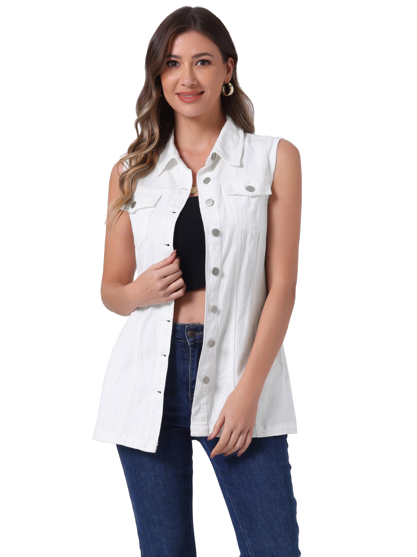 Women's Sleeveless Button Down Waistcoat Casual Long Denim Vest (Available in Plus Size)