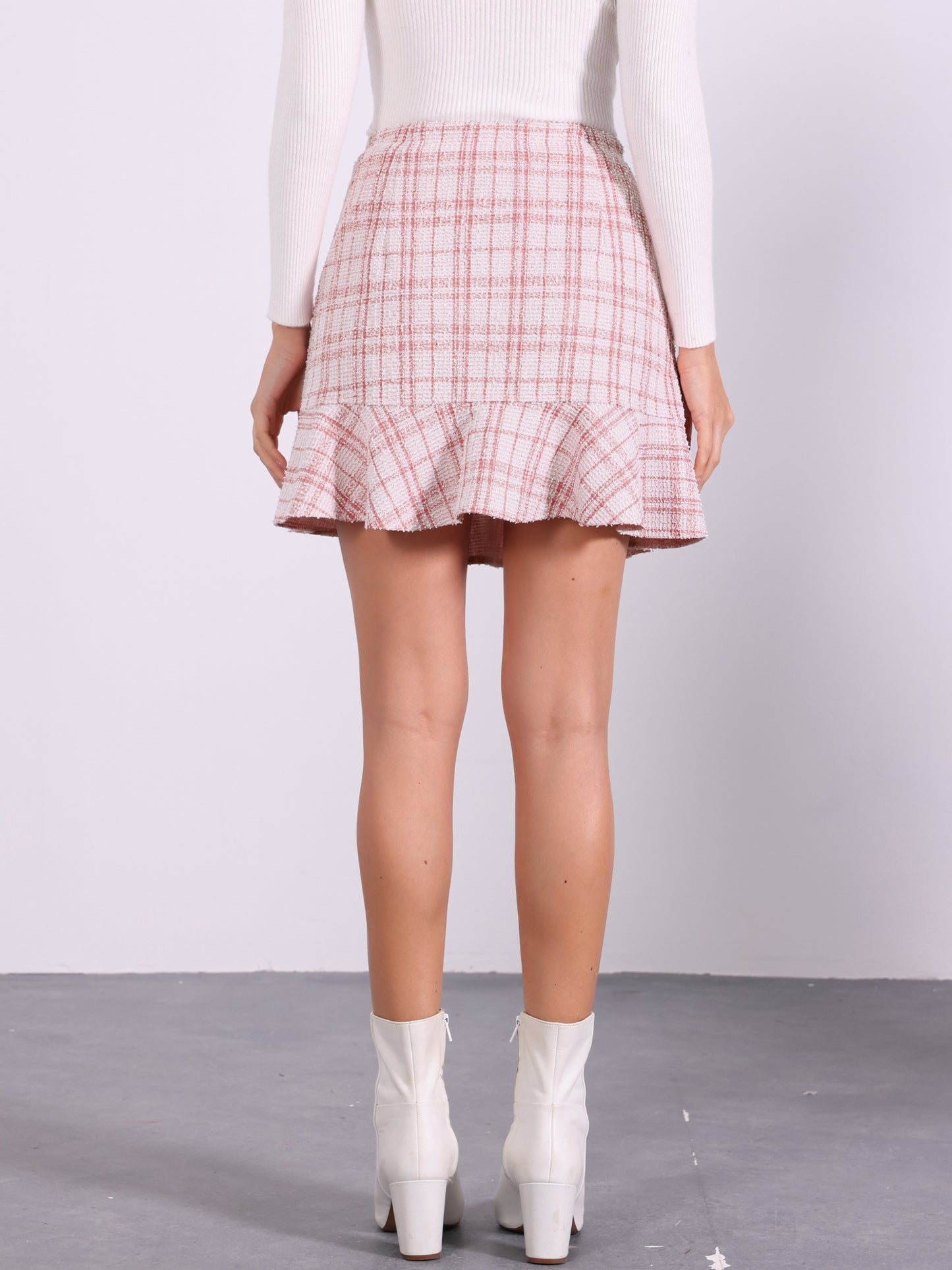 Faldas a cuadros para mujer, minifalda de tweed con botones y dobladillo con volantes