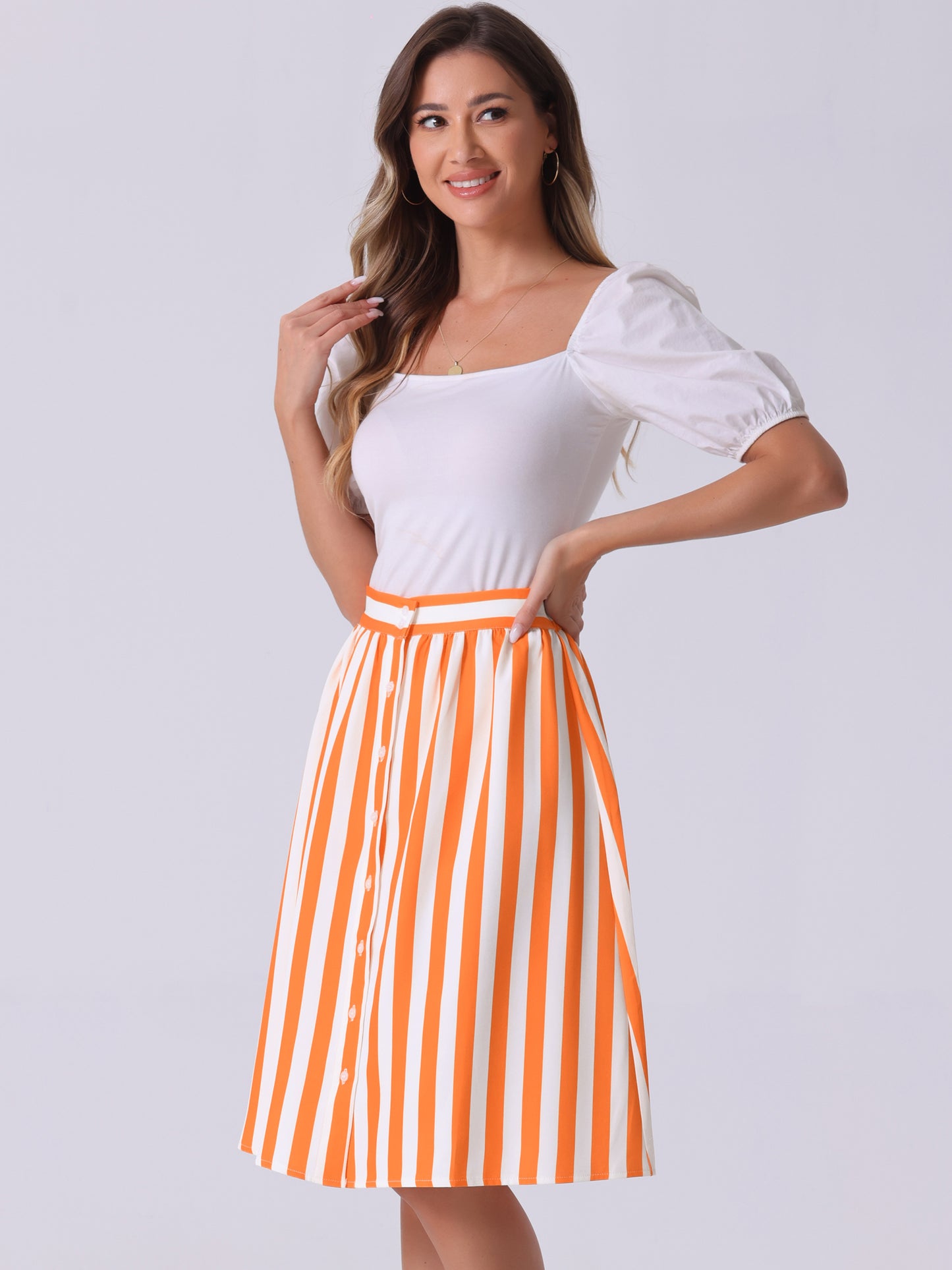 Women's Striped Button Front Elastic Back Waist A-Line Midi Skirt