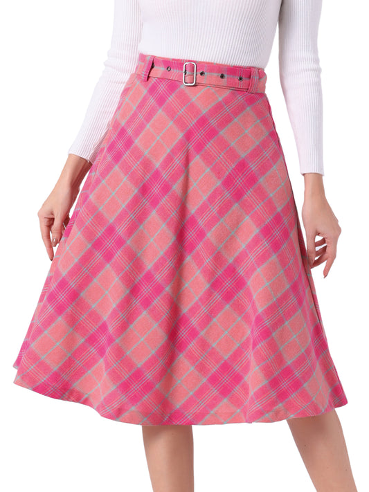 Falda midi vintage de corte A con cintura alta y cinturón para mujer con cuadros escoceses