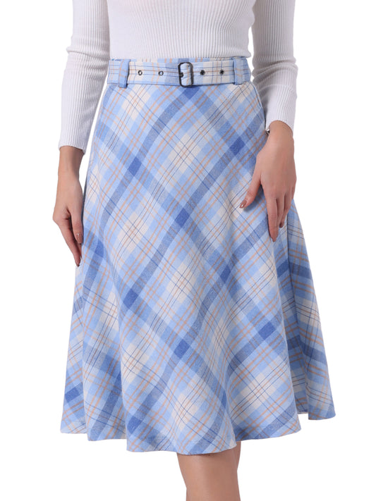 Falda midi vintage de corte A con cintura alta y cinturón para mujer con cuadros escoceses