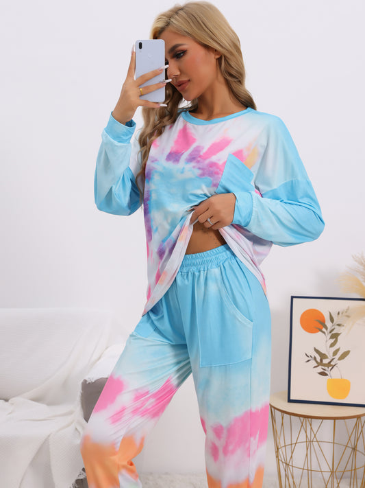 Pijama de algodón teñido anudado para mujer, manga larga, cuello redondo, bolsillo frontal, cordón ajustable, pantalones largos, conjunto de pijama para estar en casa