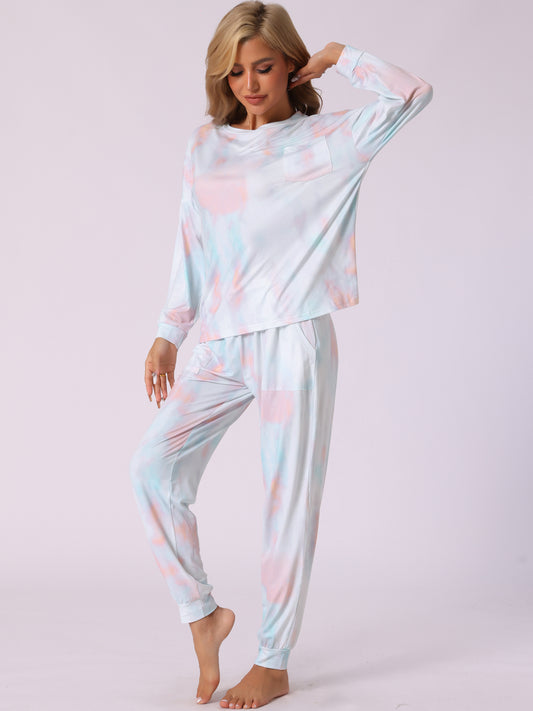 Pijama de algodón teñido anudado para mujer, manga larga, cuello redondo, bolsillo frontal, cordón ajustable, pantalones largos, conjunto de pijama para estar en casa