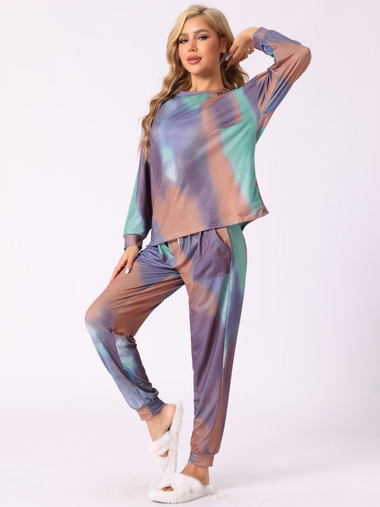 Pijama de algodón teñido anudado para mujer, manga larga, cuello redondo, bolsillo frontal, cordón ajustable, pantalones largos, conjunto de pijama para estar en casa