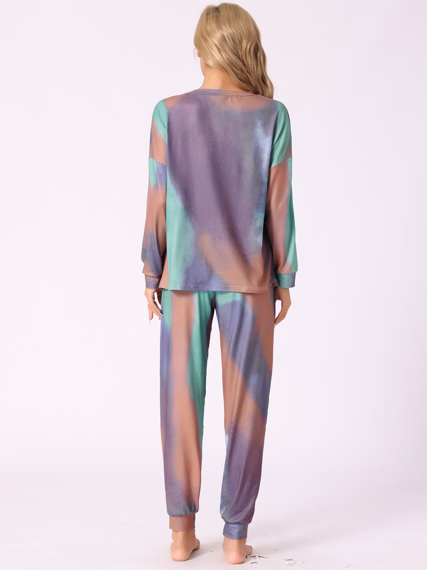 Women's Pajamas Cotton Tie Dye Long Sleeve Round Neck Front Pocket Drawstring Long Pants Loungewear Pjs Set