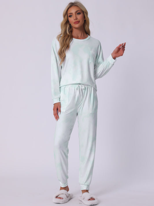 Pijama de algodón teñido anudado para mujer, manga larga, cuello redondo, bolsillo frontal, cordón ajustable, pantalones largos, conjunto de pijama para estar en casa