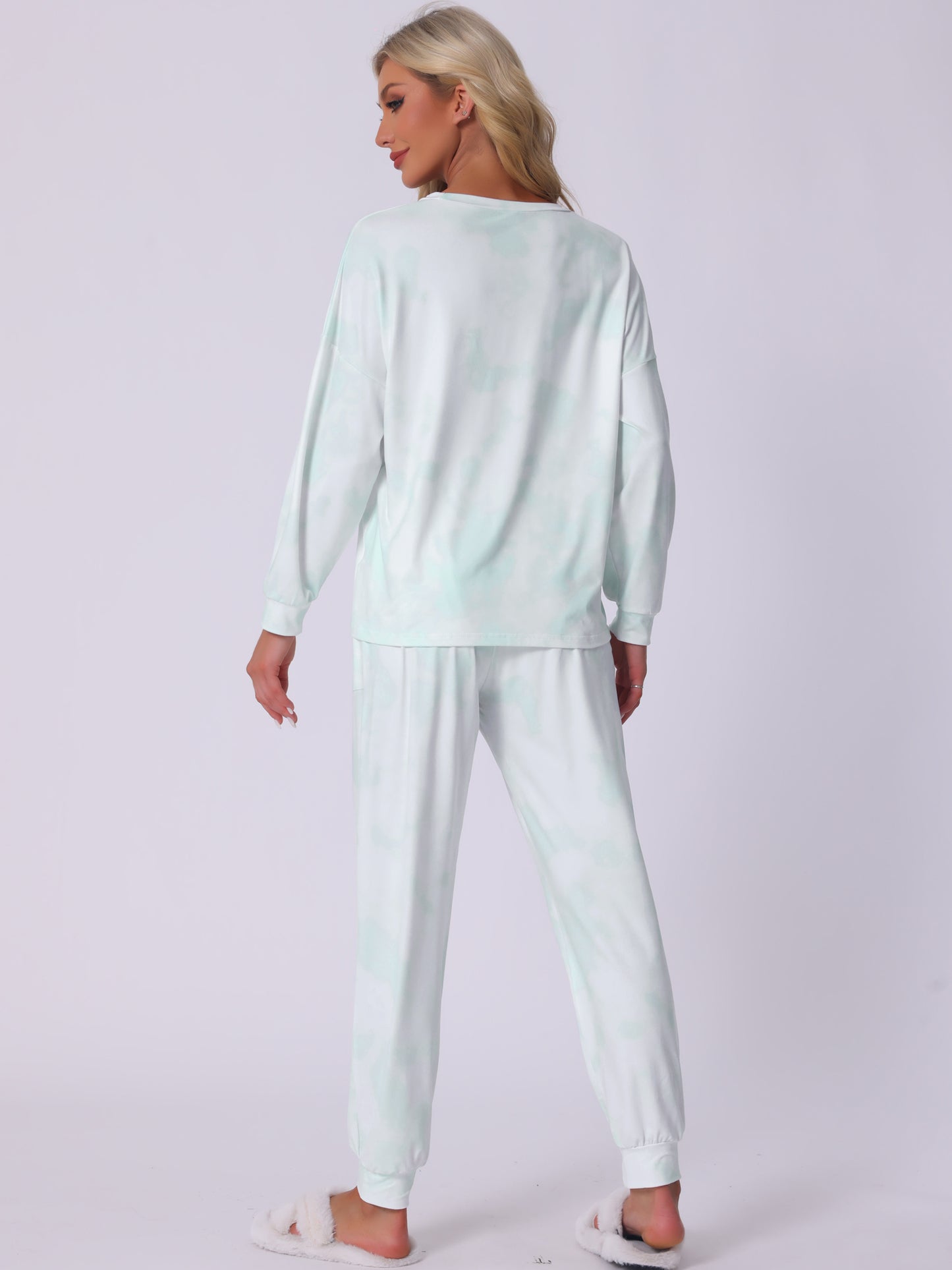 Women's Pajamas Cotton Tie Dye Long Sleeve Round Neck Front Pocket Drawstring Long Pants Loungewear Pjs Set