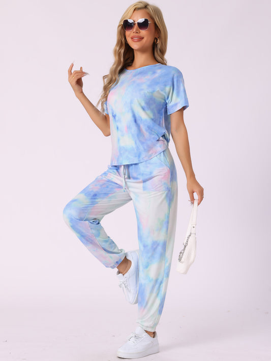 Ensemble de pyjama pour femme, vêtements de nuit, t-shirt tie-dye avec pantalon, pyjama avec poche, survêtement