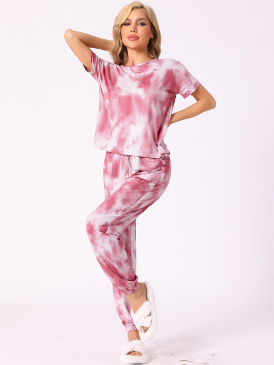 Ensemble de pyjama pour femme, vêtements de nuit, t-shirt tie-dye avec pantalon, pyjama avec poche, survêtement