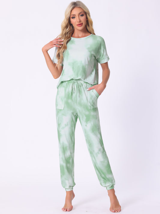 Ensemble de pyjama pour femme, vêtements de nuit, t-shirt tie-dye avec pantalon, pyjama avec poche, survêtement