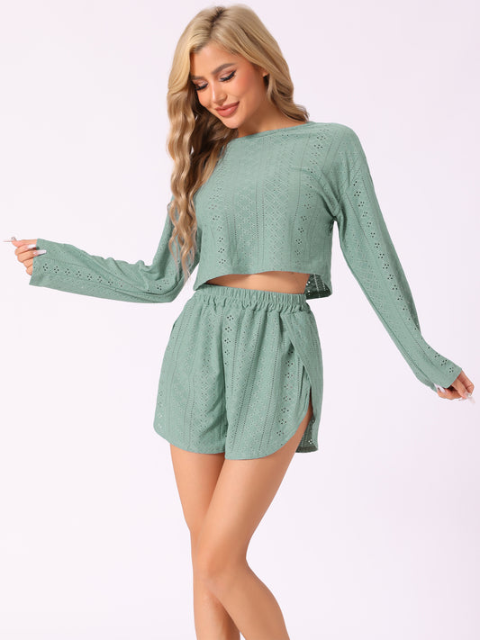 Women's Loungewear Pajamas Hollow Out Long Sleeve Tops with Slit Shorts Set