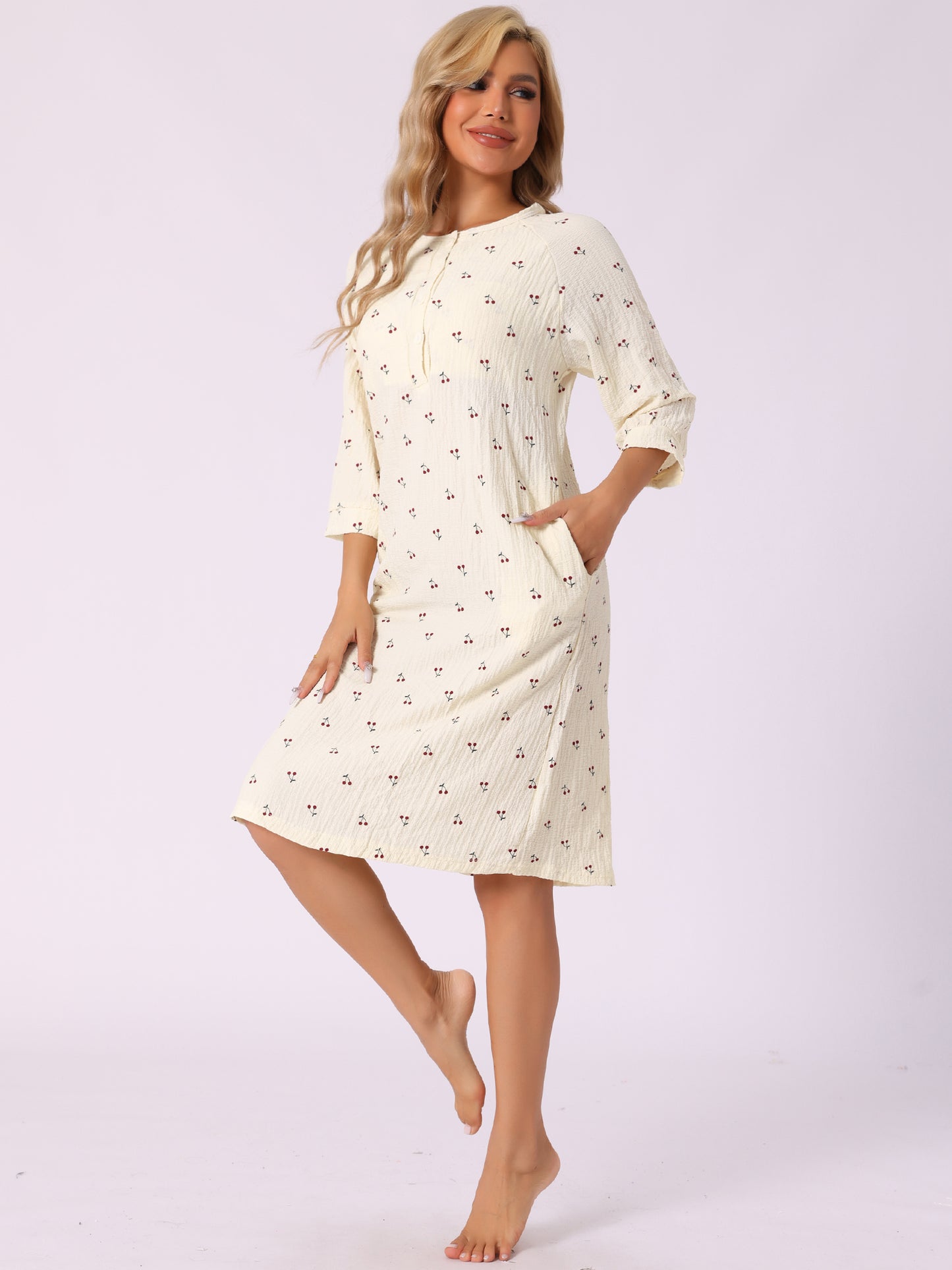 Chemises de nuit pour femmes, vêtements de nuit boutonnés, manches 3/4, col ras du cou, chemise de nuit imprimée mignonne avec poches