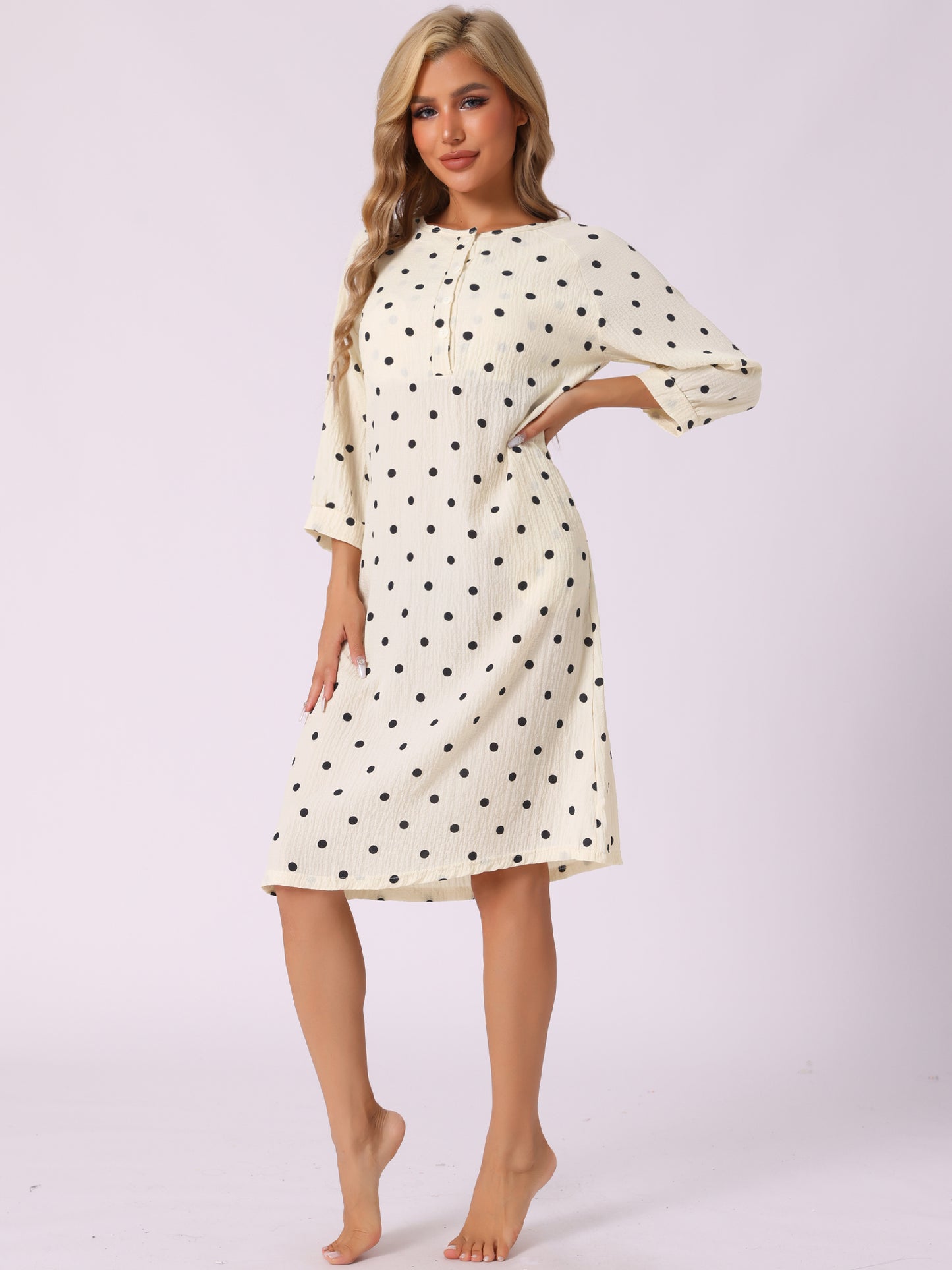 Women's Nightgowns Button Up Sleepwear 3/4 Sleeve Crew Neck Nightshirts Cute Print Sleepshirt with Pockets
