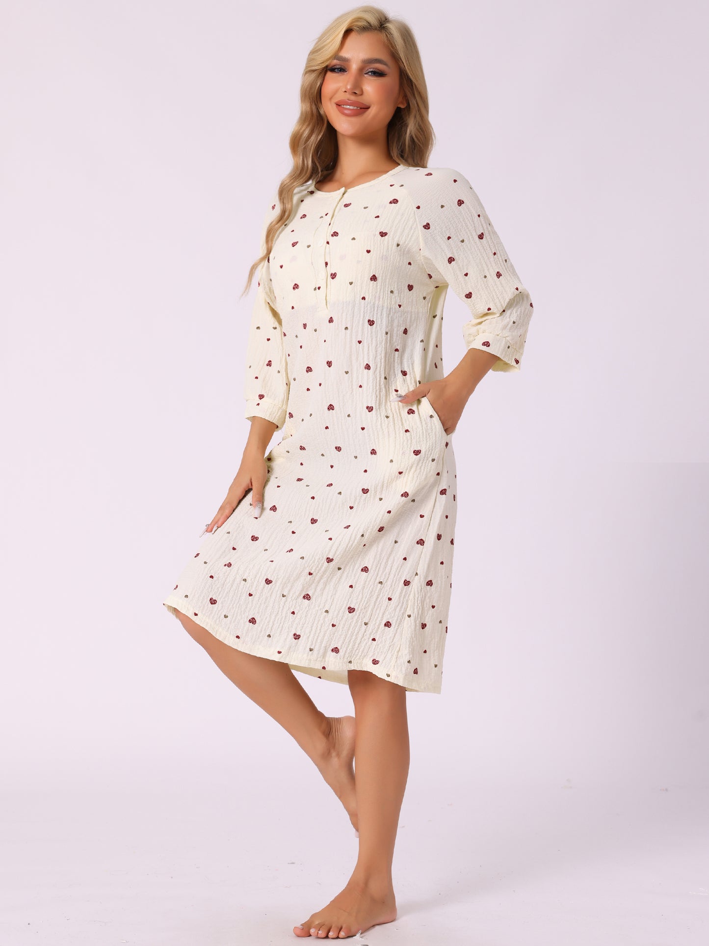 Chemises de nuit pour femmes, vêtements de nuit boutonnés, manches 3/4, col ras du cou, chemise de nuit imprimée mignonne avec poches