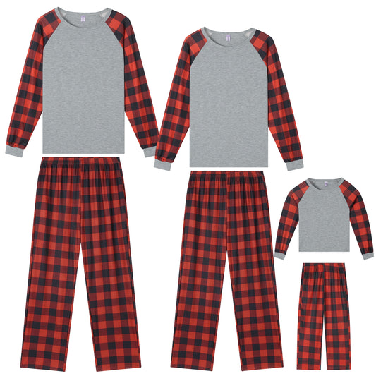 Men's Christmas Family Pajama Set Red Black Plaid Print and Solid Color Combination Long Sleeve Top Matching Pants