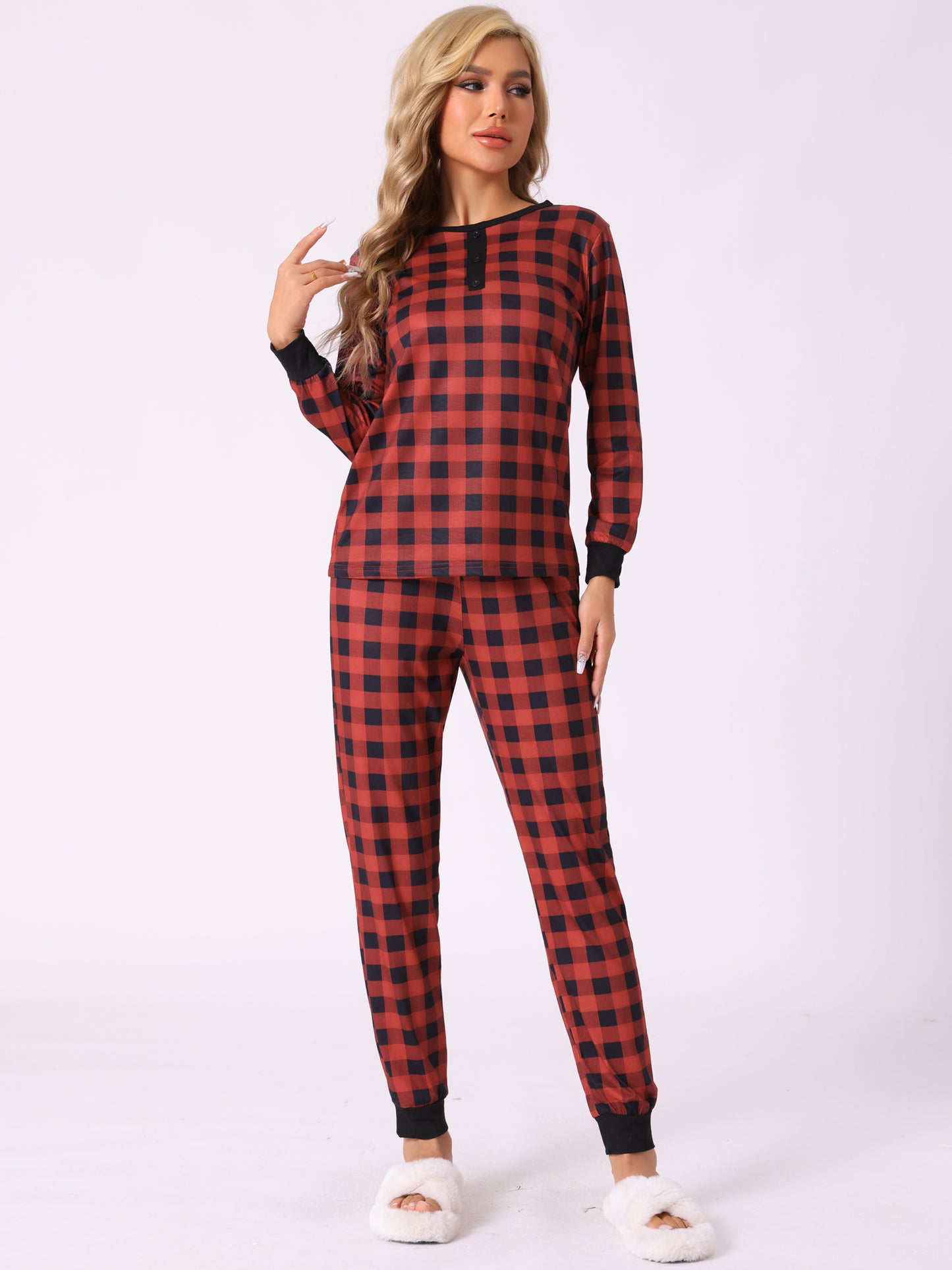 Ensemble pyjama de Noël familial pour femme, haut à manches longues et pantalon assorti, imprimé écossais rouge et noir