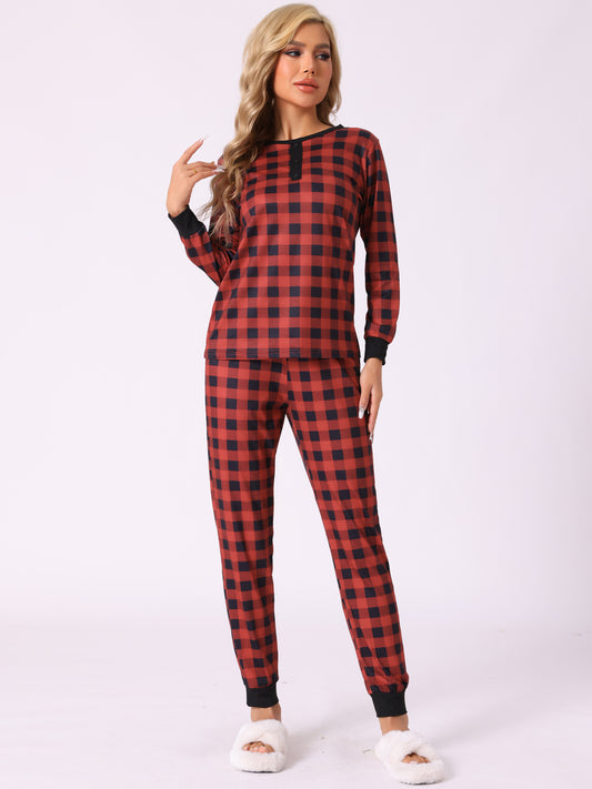 Conjunto de pijama familiar navideño para mujer, con estampado de cuadros rojos y negros, camiseta de manga larga y pantalones a juego
